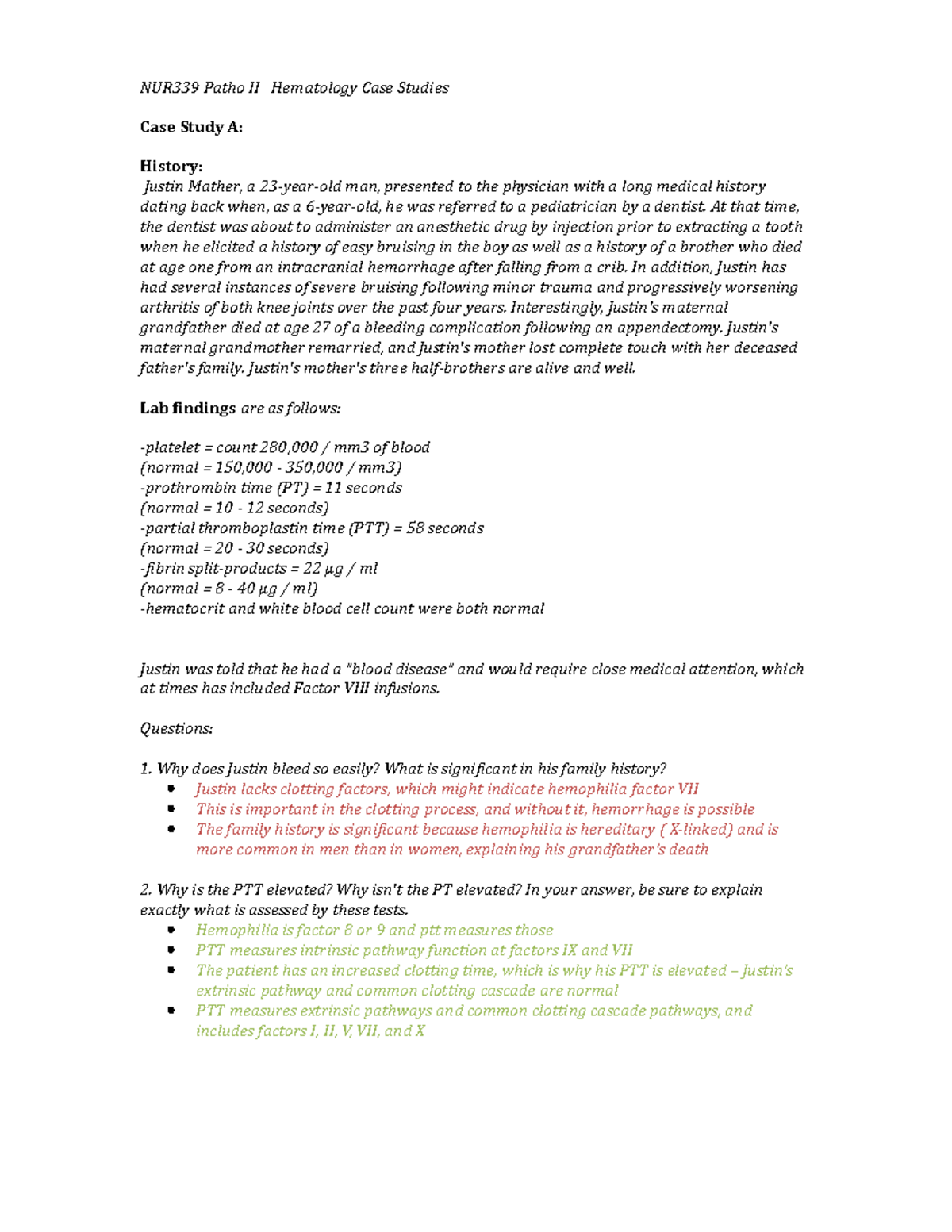 NUR339 Hematology Case Studies: Analysis of Coagulation Disorders - Studocu