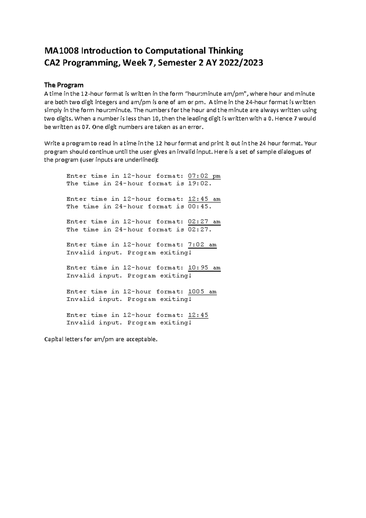 MA1008 CA2 Programming: Time Conversion 12hr to 24hr Format - Studocu