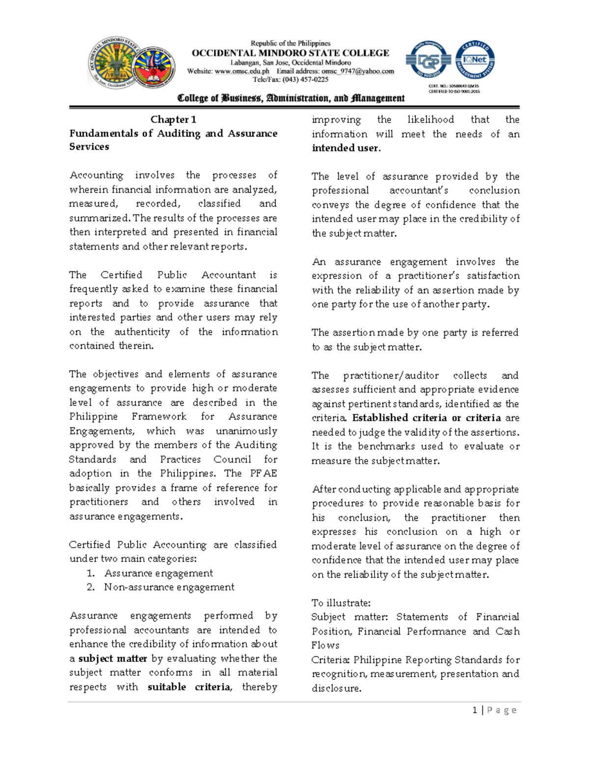 Chapter 1: Overview of Assurance Engagements and Auditing Principles ...