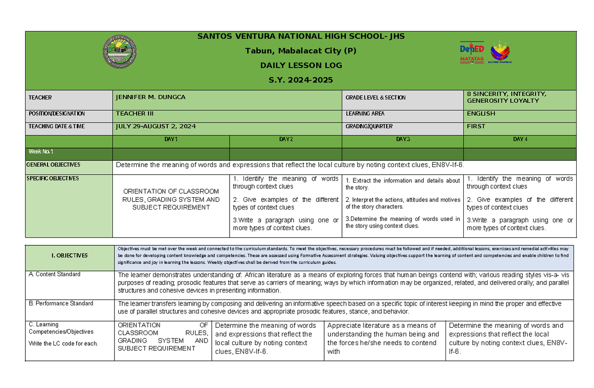 DLL-ENG 8 Q1-W1 - Daily Lesson Log for English 8 Week 1 - Studocu