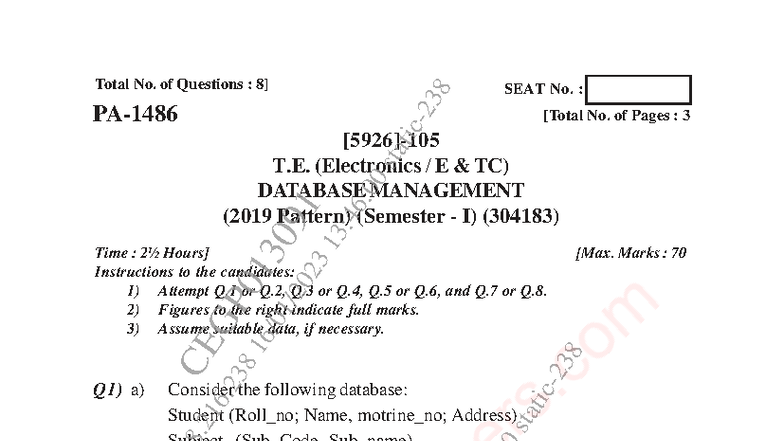 DBMS (304183) - Question Papers for Semester I (2019 Pattern) - Studocu