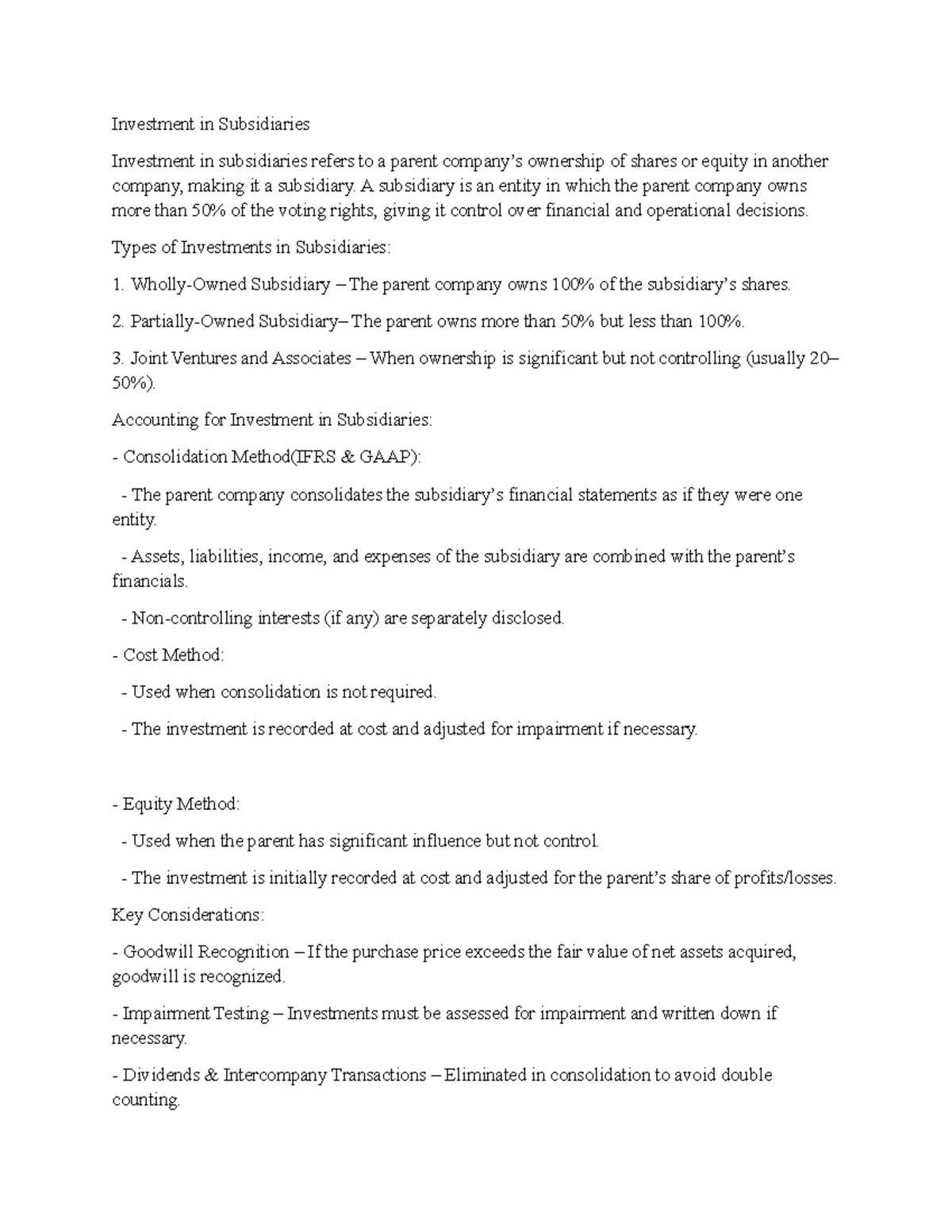 Investment In Subsidiaries Summary - Investment in Subsidiaries ...