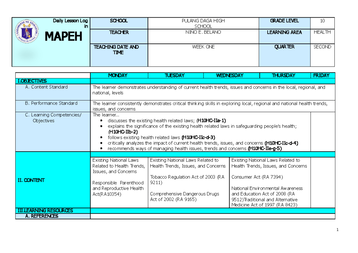 Q2 Grade 10 MAPEH Health DLL Daily Lesson Log Week 1 - Studocu