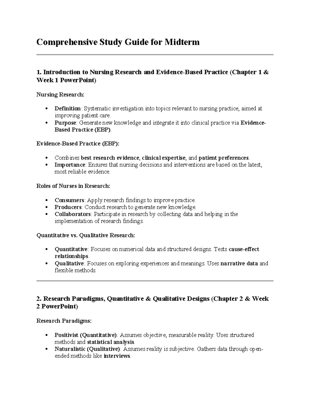 Key Concepts 1-8 Study Notes for Midterm 1: Nursing Research (NUR 101 ...