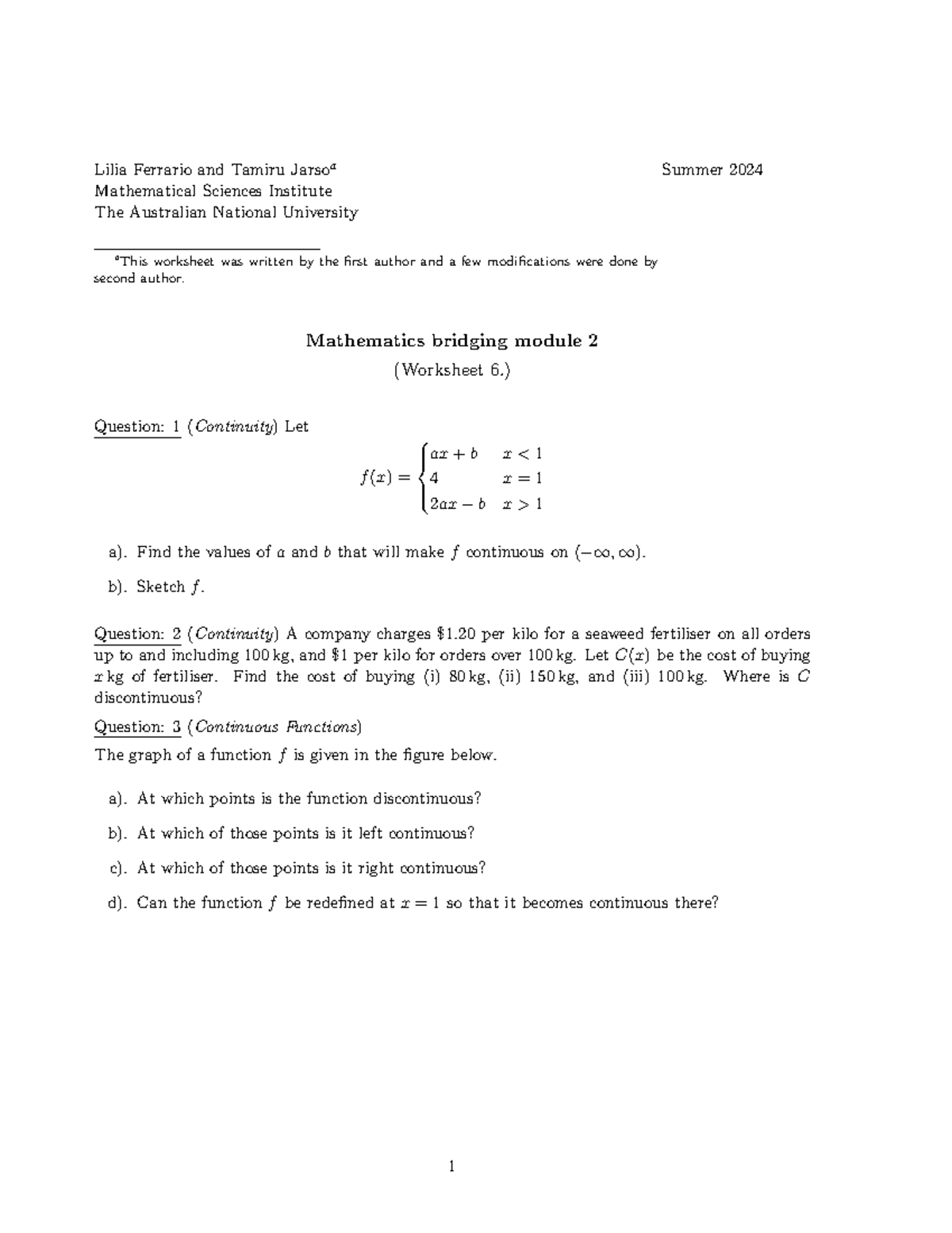 Worksheet 6: Continuity & Derivatives - Math Bridging Module 2 - Studocu