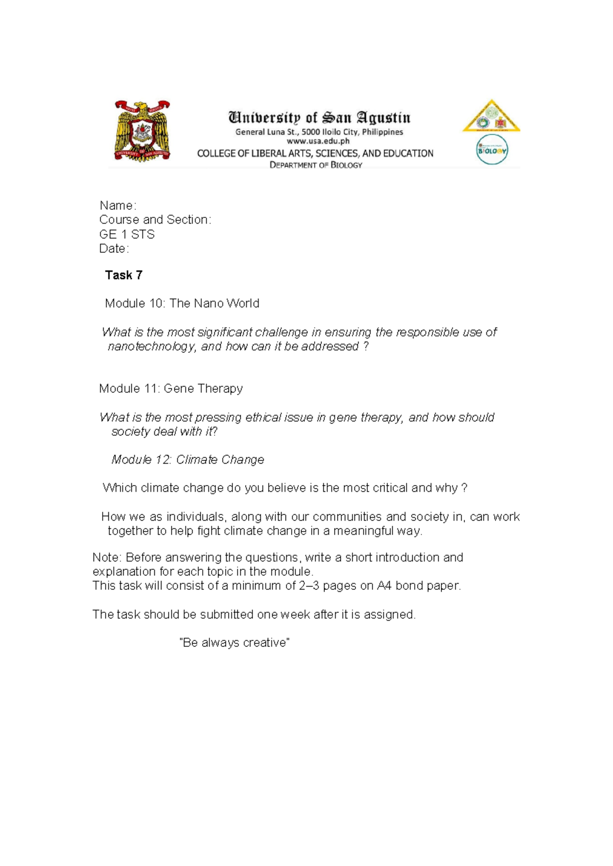 Task 7: GE 1 STS - Modules 10-12 on Nanotech, Gene Therapy & Climate ...