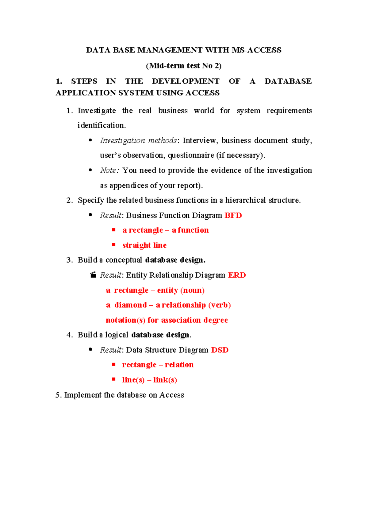 DATABASE Management Midterm Test No 2: MS Access Steps and Design - Studocu