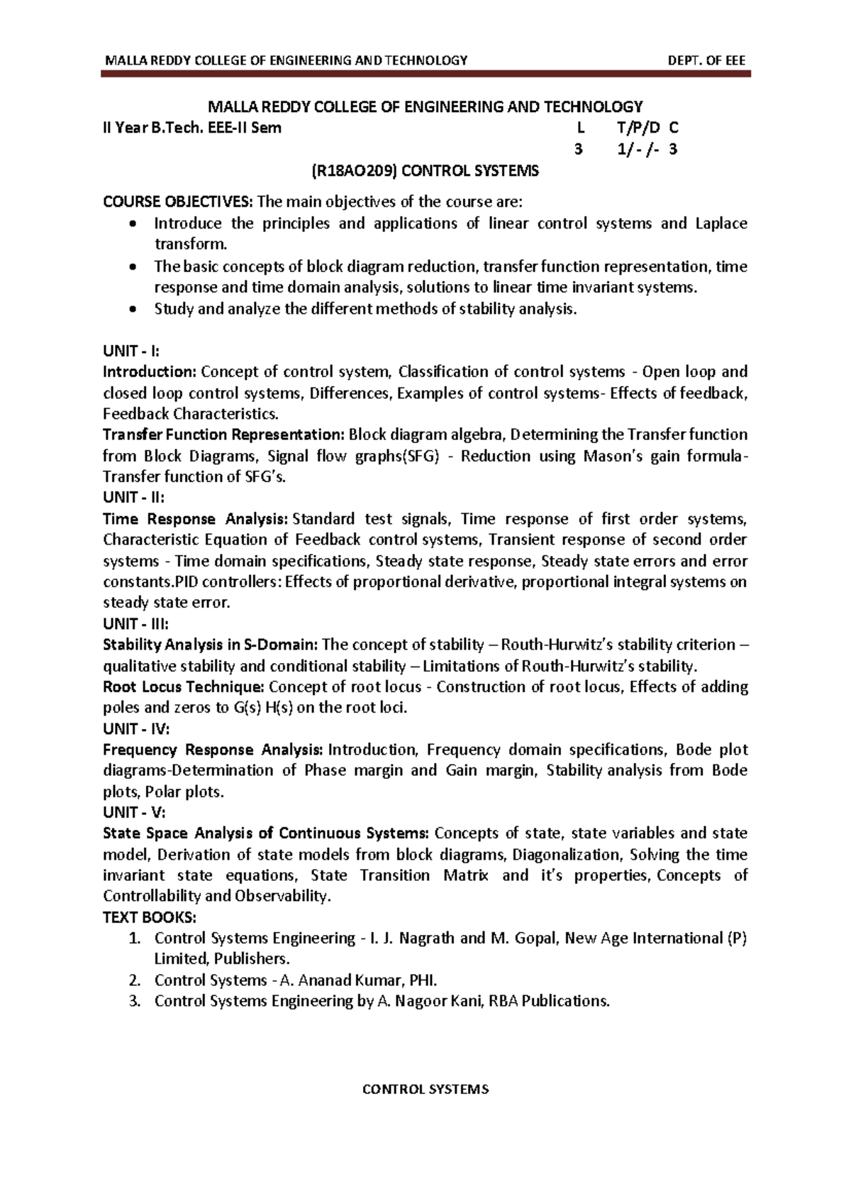 Control Systems Notes (R18AO209) - Malla Reddy College B.Tech II Year ...