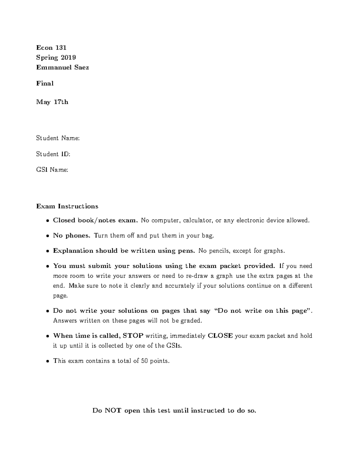 Econ 131 Final Exam Solutions Spring 2019 - Emmanuel Saez - Studocu