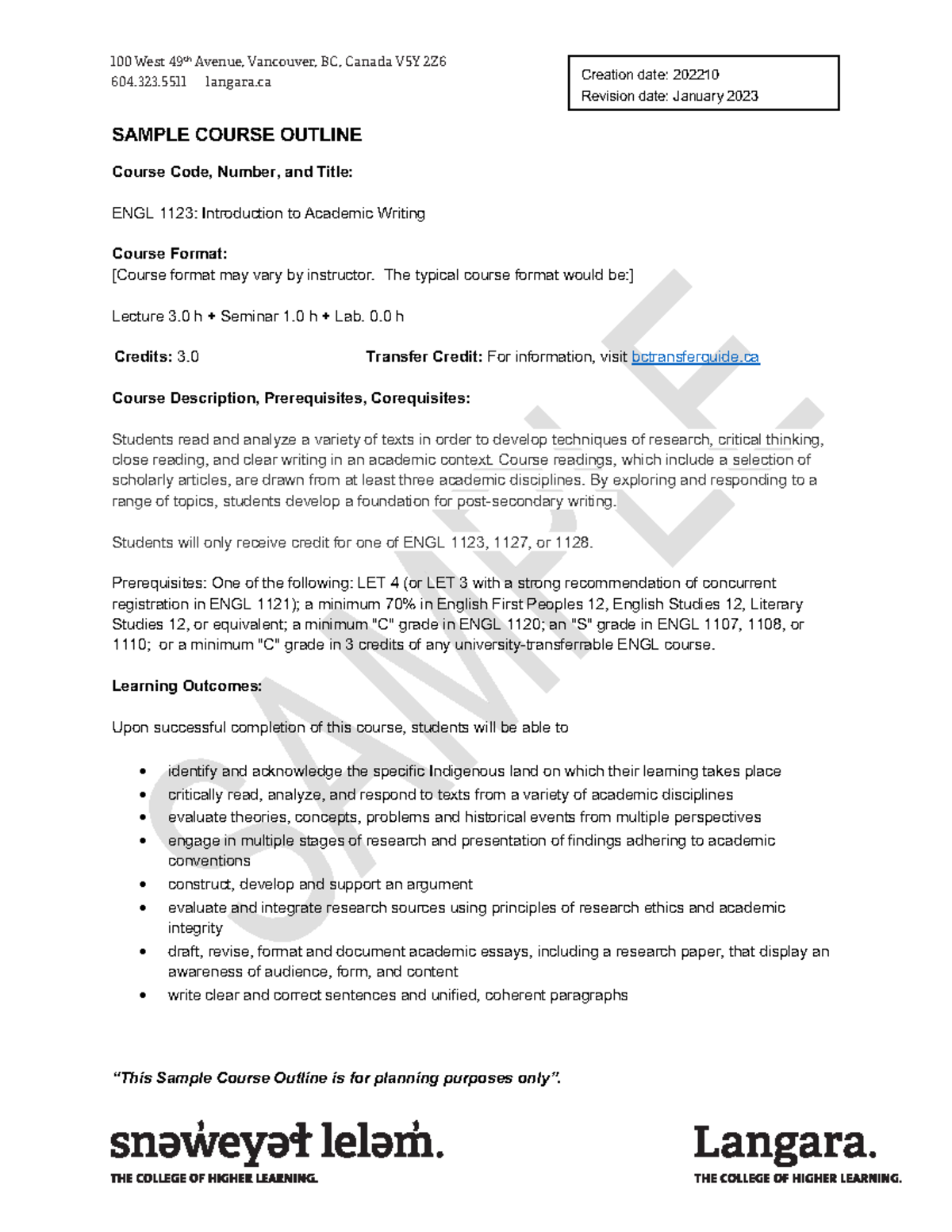 ENGL 1123: Sample Course Outline for Academic Writing (2023) - Studocu