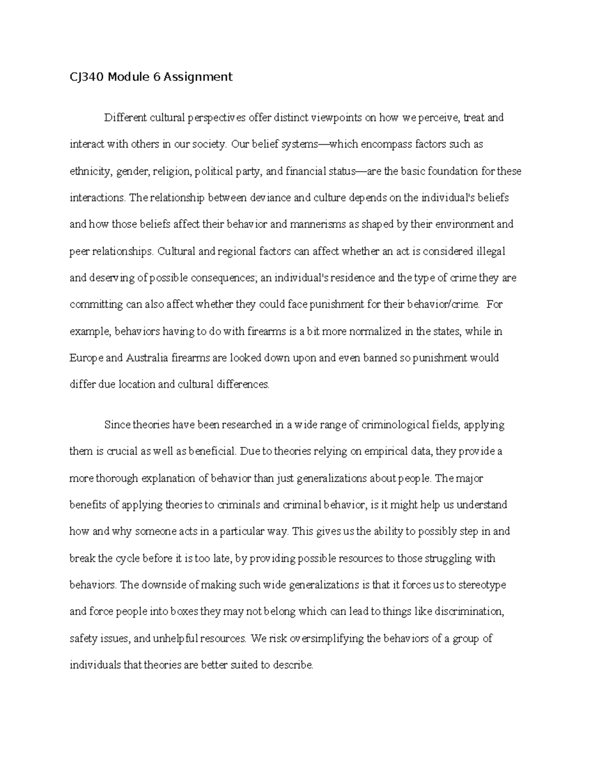 CJ 340 Mod 6 assign - CJ340 Module 6 Assignment Different cultural ...