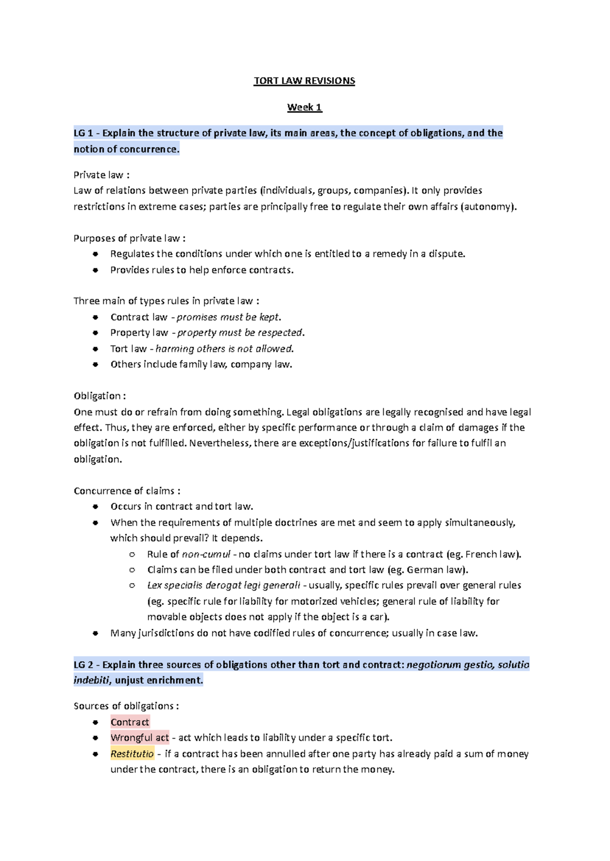 TORT Law Revisions - Study Notes for TORT 101 Final Exam - Studeersnel
