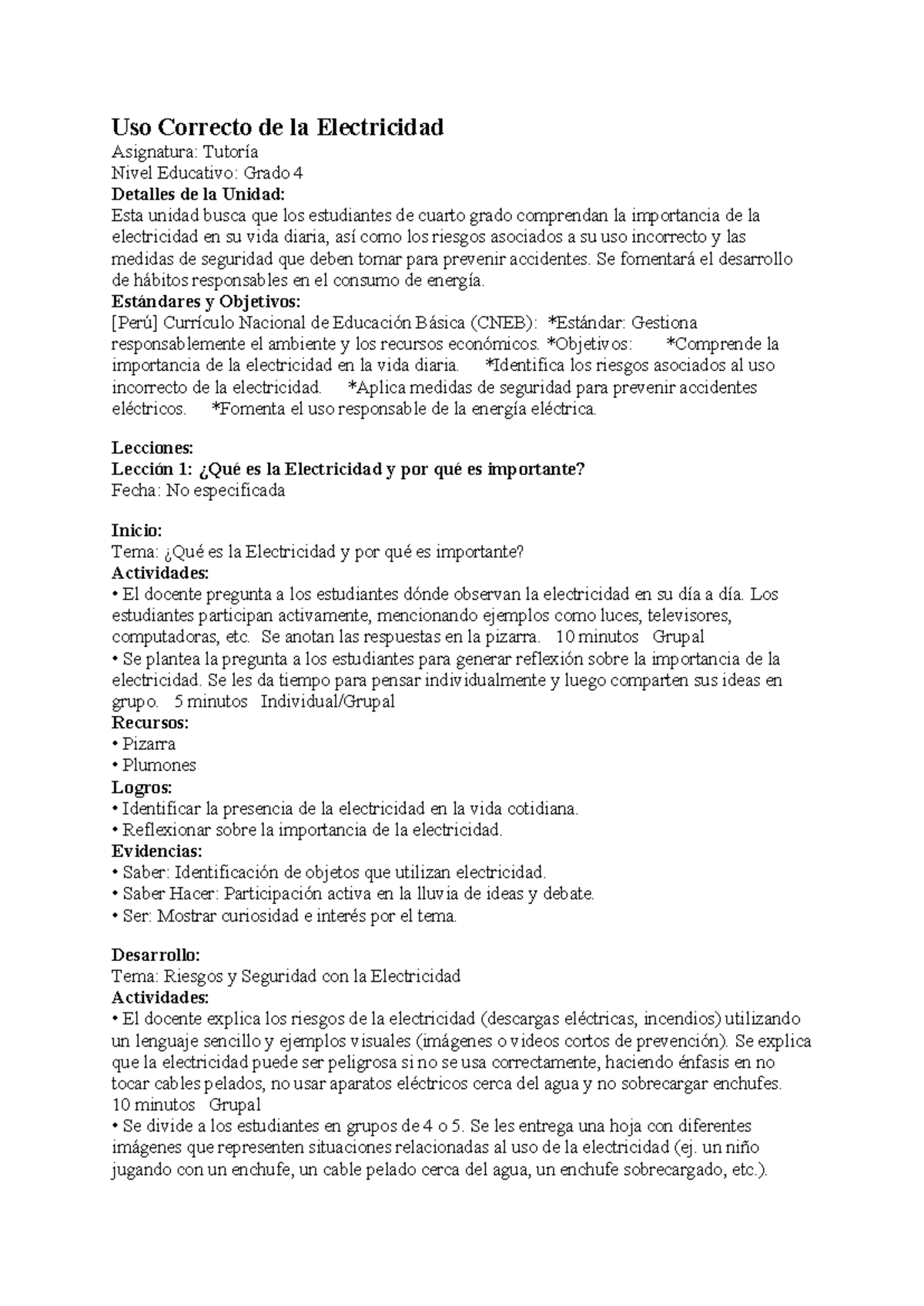 Uso Correcto de la Electricidad - Tutoría Grado 4 - Studocu