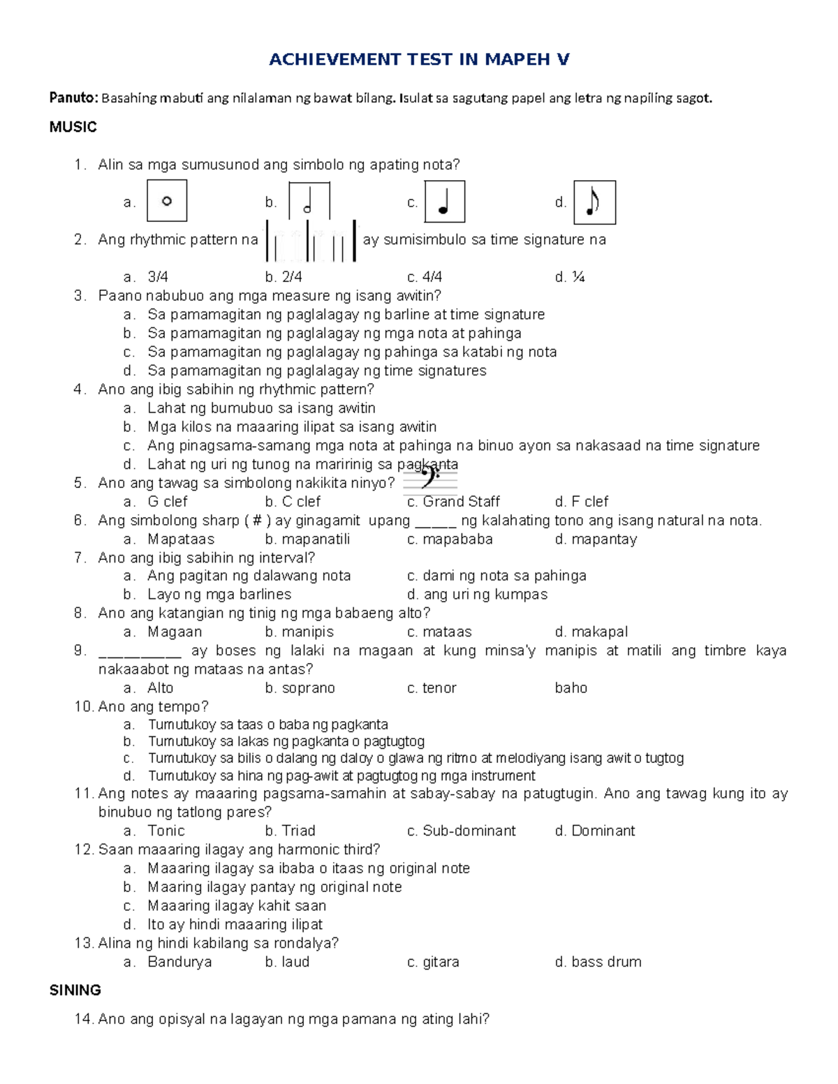 Achievement Test in MAPEH 5 - Sample Pre-Test Questions - Studocu