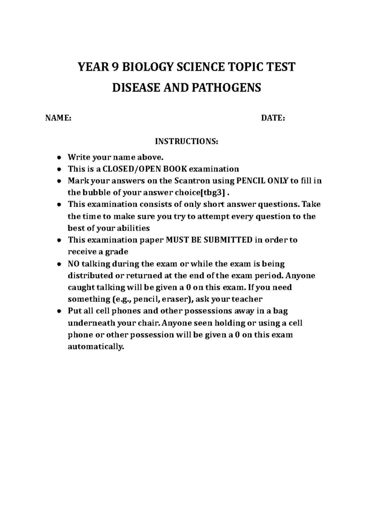 Year 9 Biology Topic Test: Diseases & Pathogens - Studocu