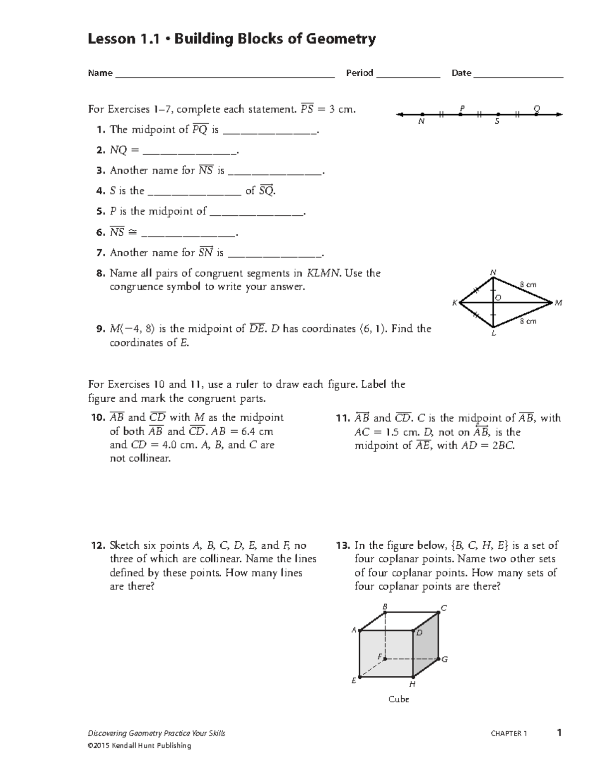 Discovering Geometry Practice Your Skills: CH 1 Worksheets & Exercises ...