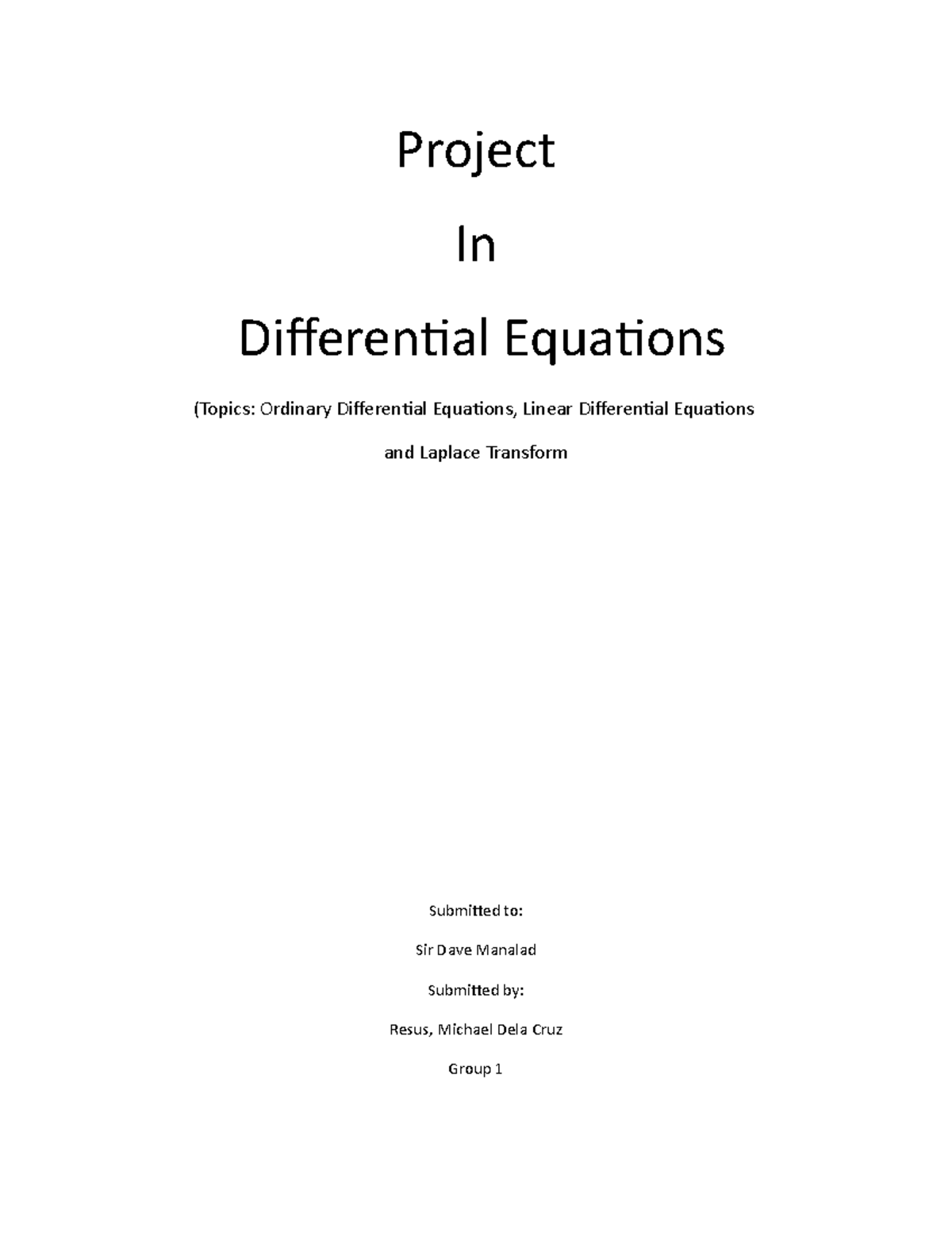Project in DE - Project In Differential Equations (Topics: Ordinary ...