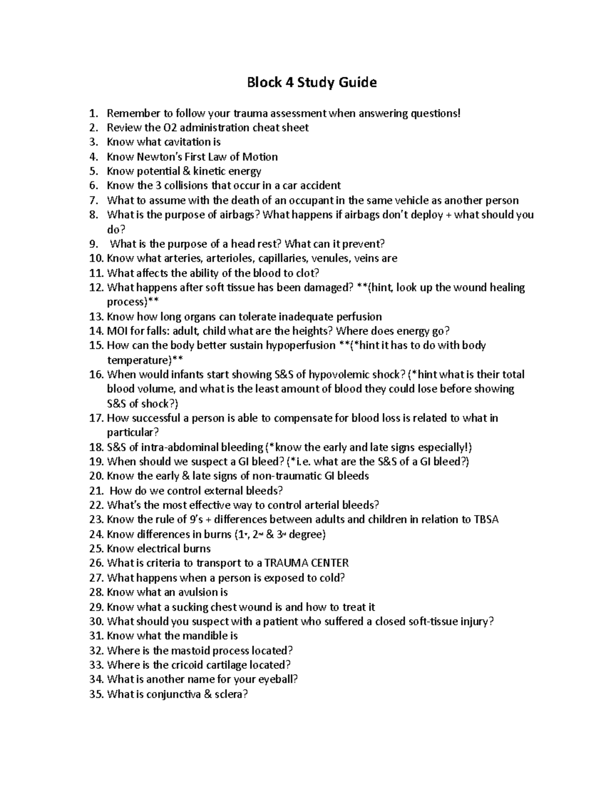 Block 4 Study Guide: Key Concepts for Trauma & Emergency Care - Studocu