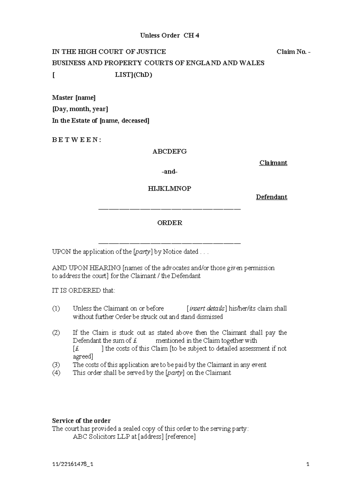 Unless Order CH 4 - High Court of Justice Claim No. [Year] - Studocu