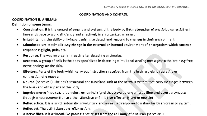 A. LEVEL BIOLOGY NOTES: COORDINATION AND CONTROL - Studocu
