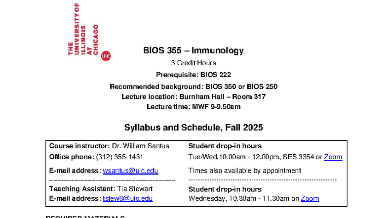 BIOS 355 Immunology Syllabus & Course Schedule - Fall 2025 - Studocu