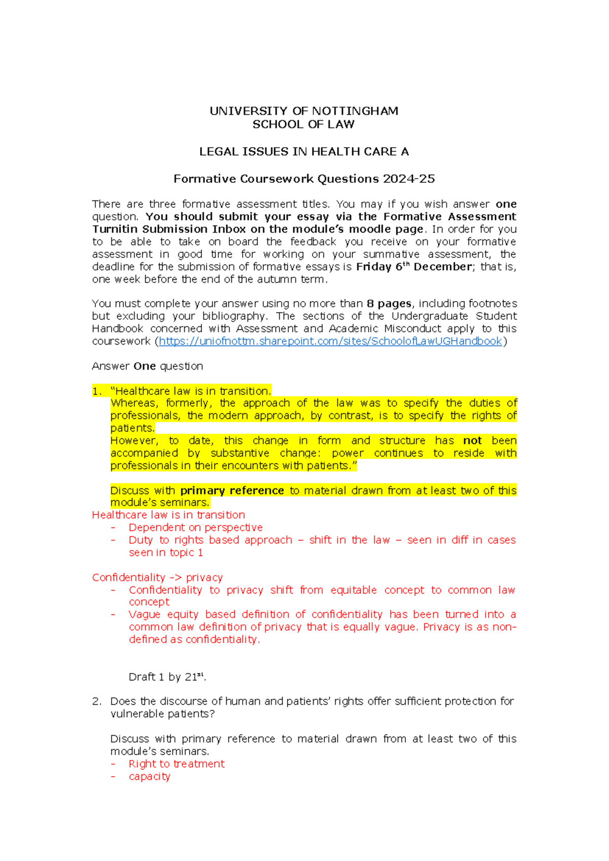 Legal Issues in Health Care A: Formative Coursework 2024-25 - Studocu