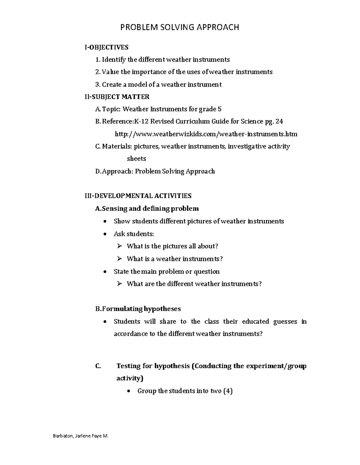 K-12 Science: Weather Instruments Problem Solving Lesson Plan - Studocu