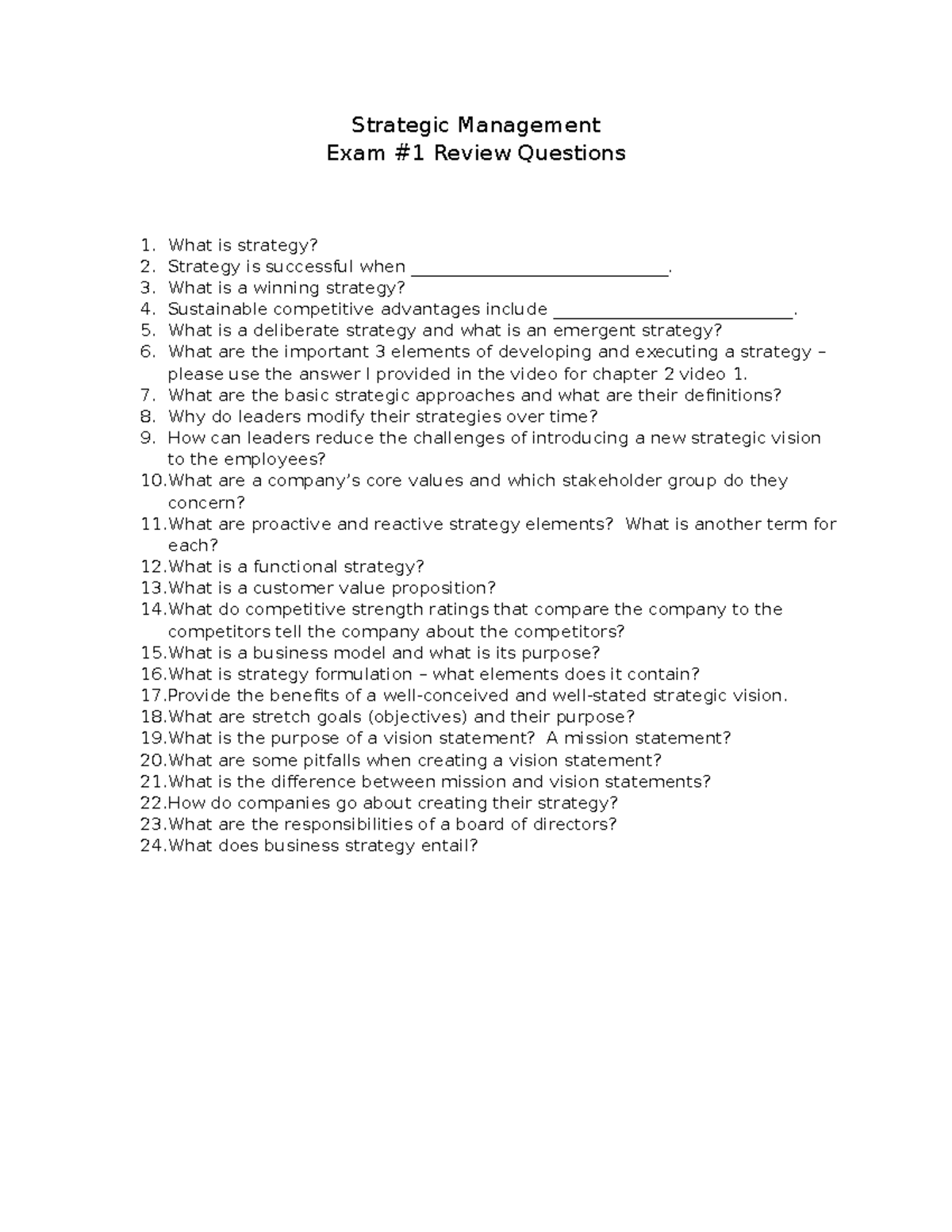 Strategic Management Exam 1 Review Questions and Key Concepts - Studocu