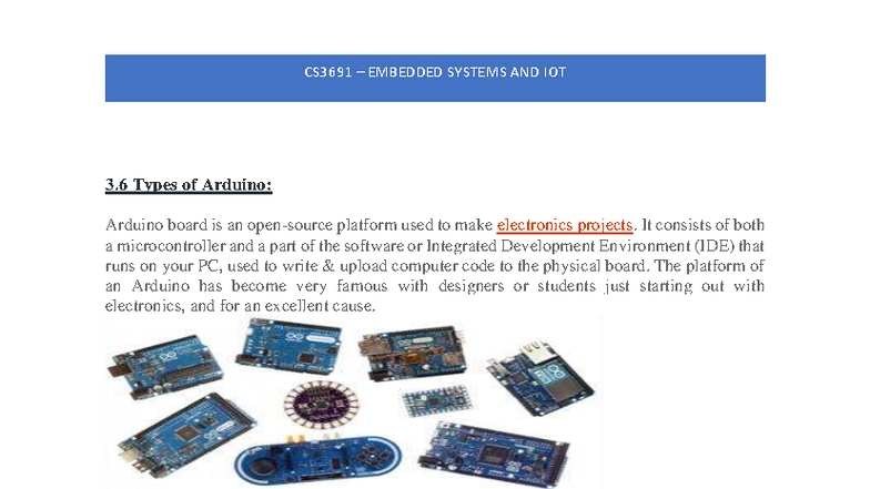 CS3691 EMBEDDED SYSTEMS AND IOT: Types of Arduino Boards - Studocu