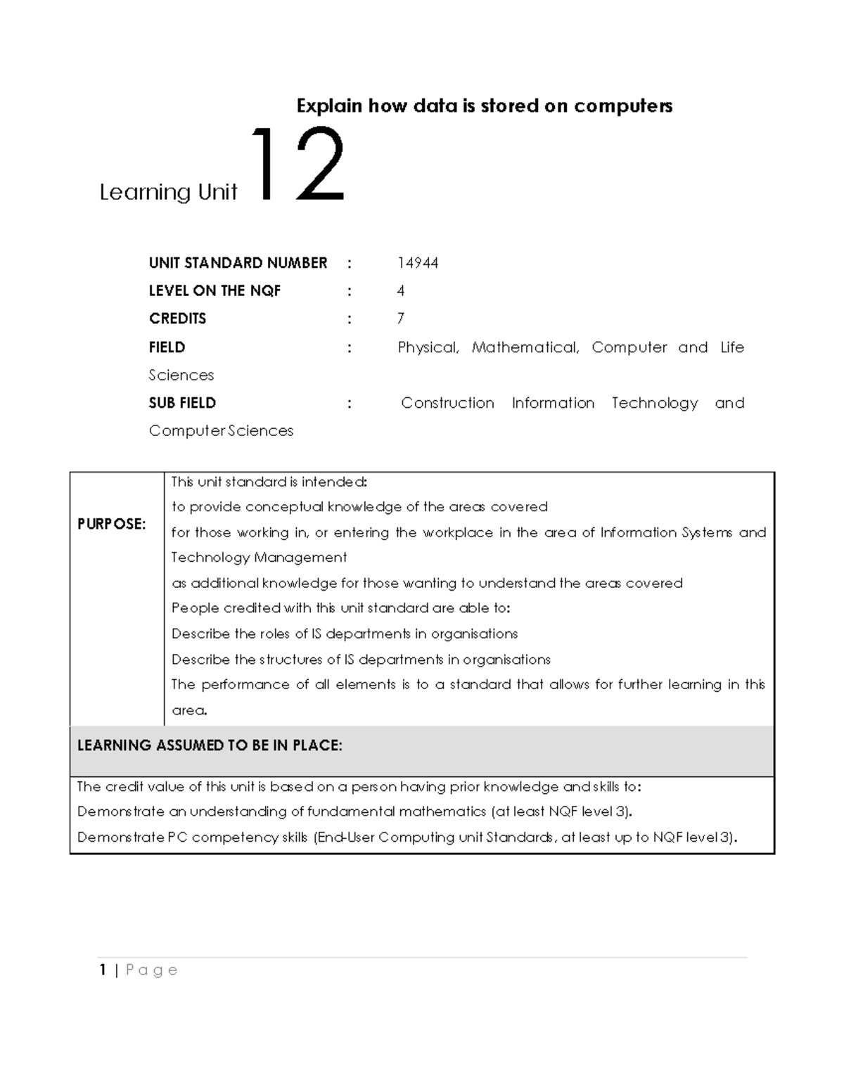 Understanding Data Storage on Computers (NQF Level 4, Unit 14944) - Studocu