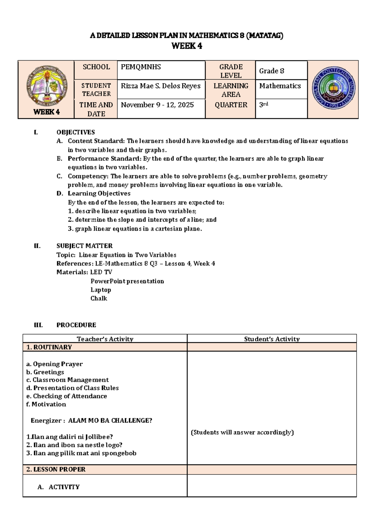 Detailed Lesson Plan: Grade 8 Math (MATATAG) - Week 4 - Studocu