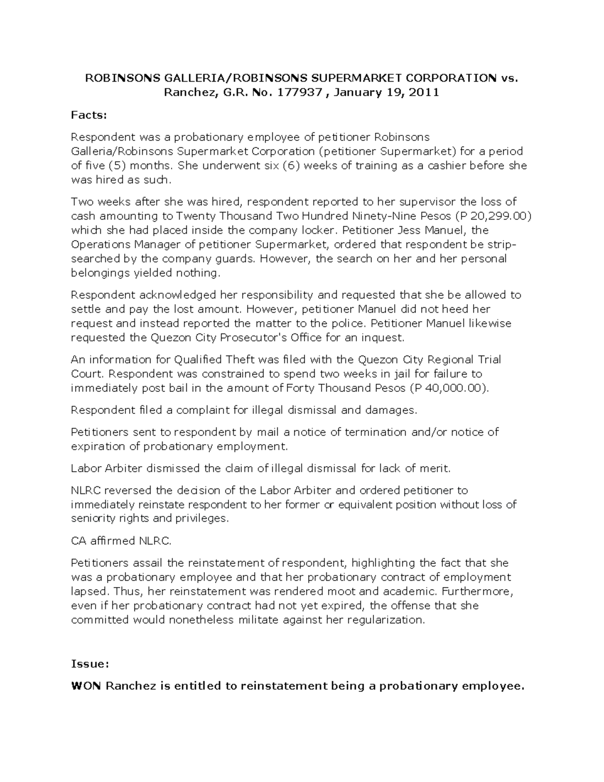 Robinsons Galleria vs Ranchez: Case Summary & Articles 281 Insights ...