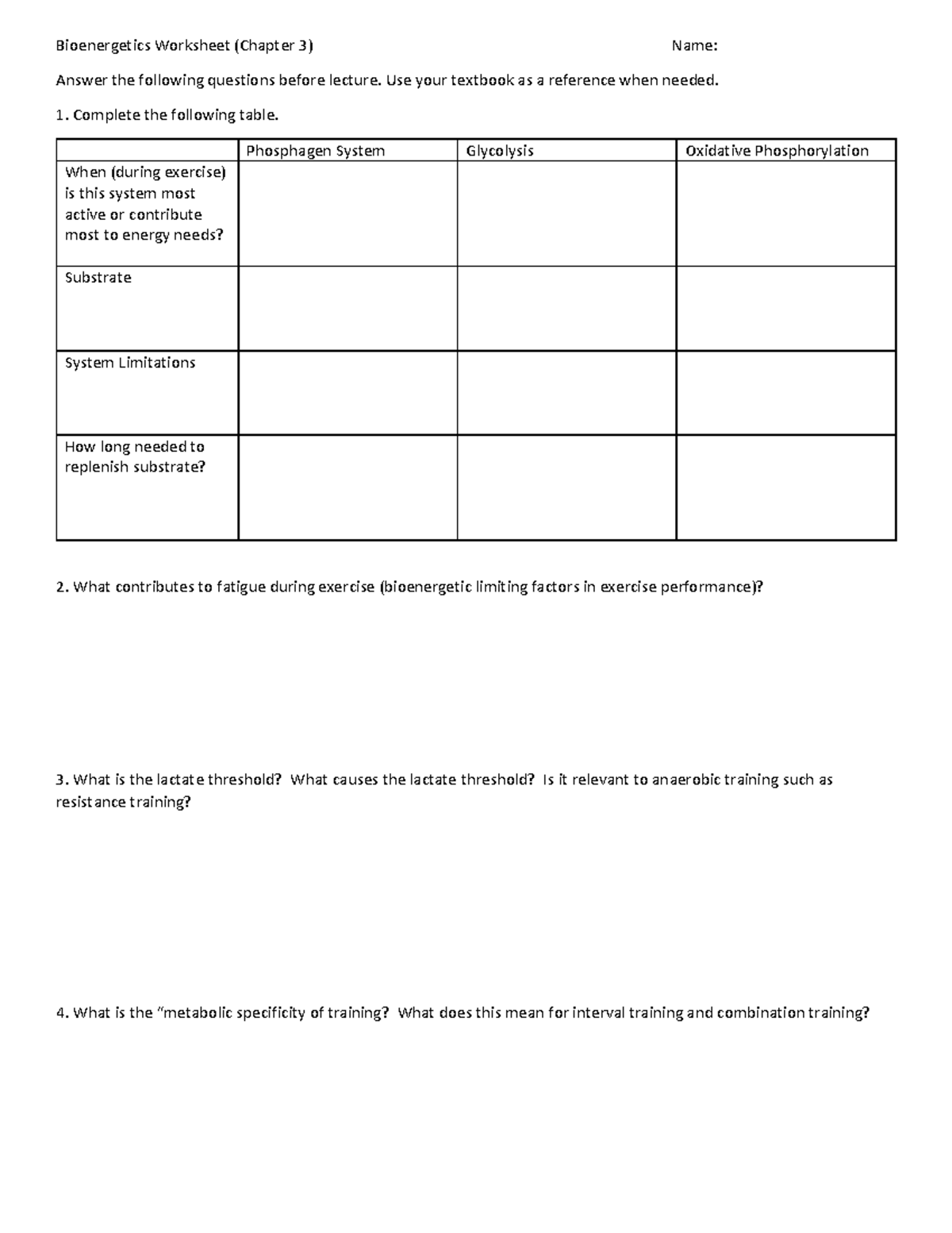 Bioenergetics Worksheet (Chapter 3) - Pre-Lecture Questions - Studocu