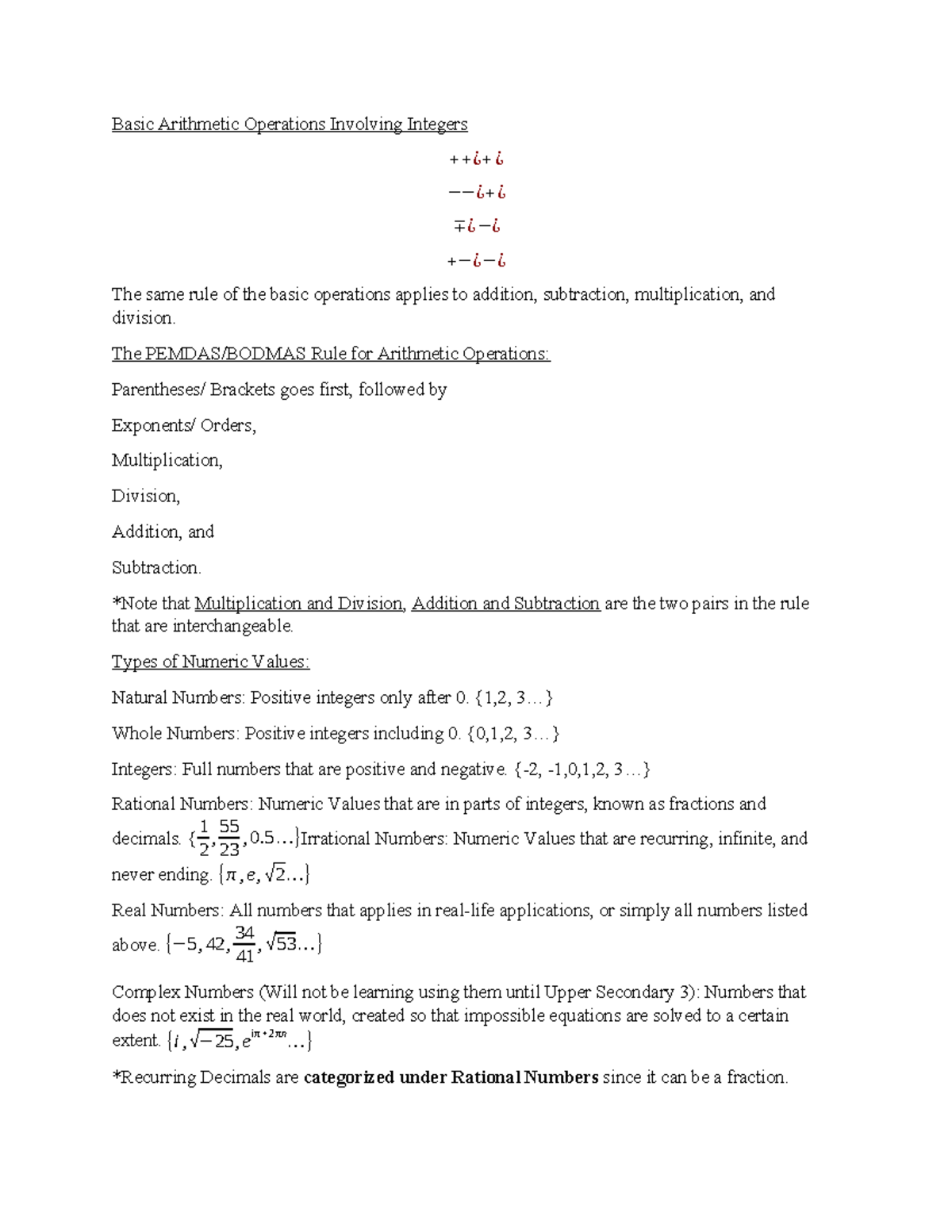Basic Arithmetic Operations: Integers and Their Rules - Studocu