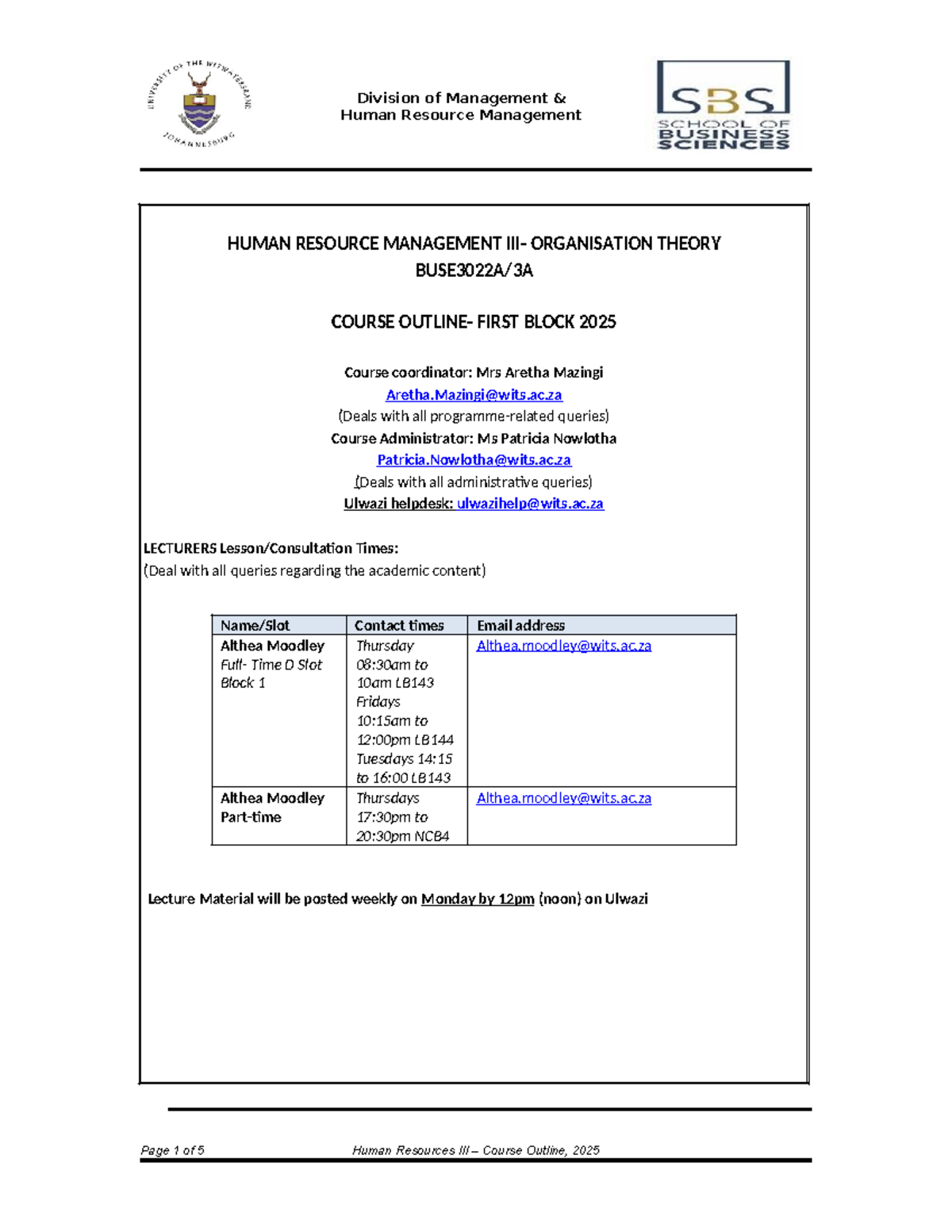 BUSE3023A Human Resource Management Course Outline - Block 1, 2025 ...