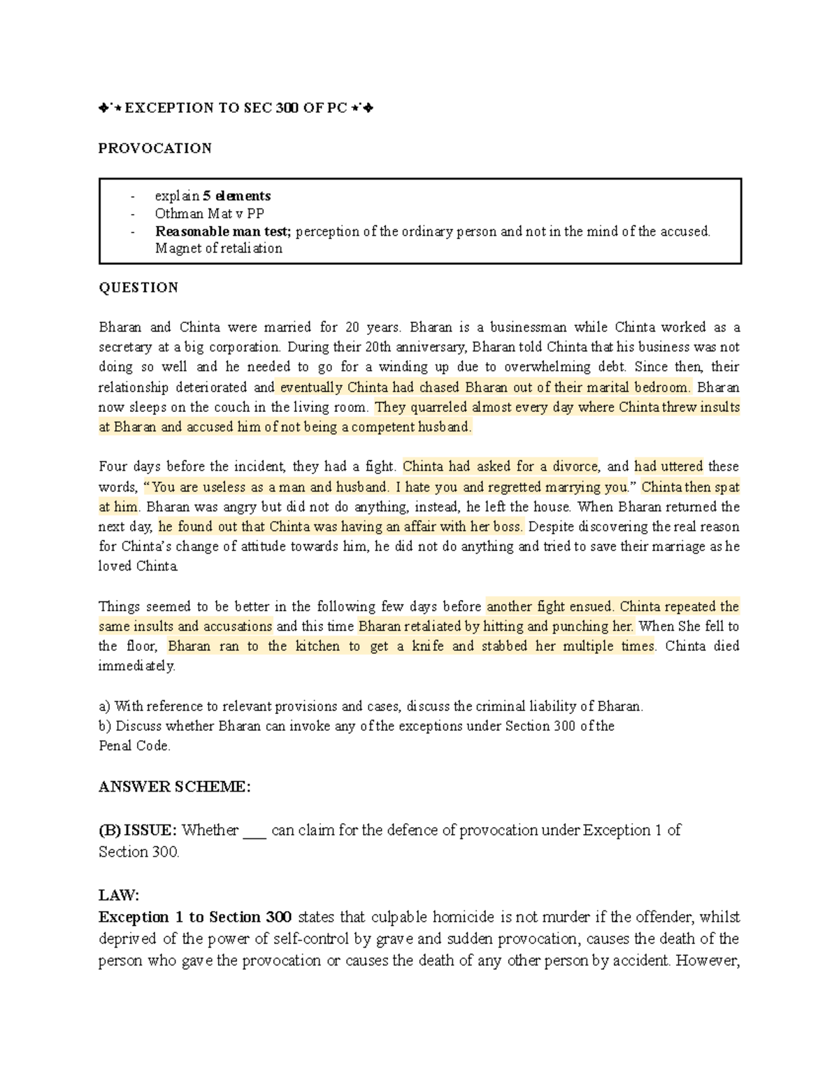 Law555: Analyzing Provocation Exceptions Under Sec 300 of PC - Studocu