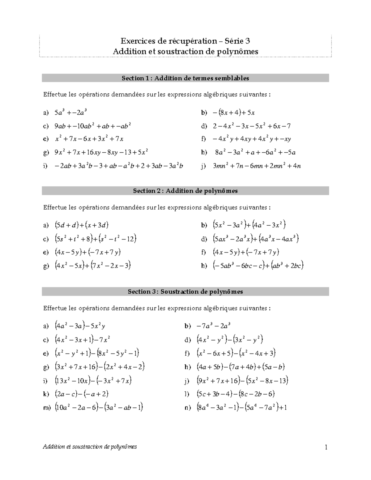 Exercices de récupération Série 3 : Addition et Soustraction de ...
