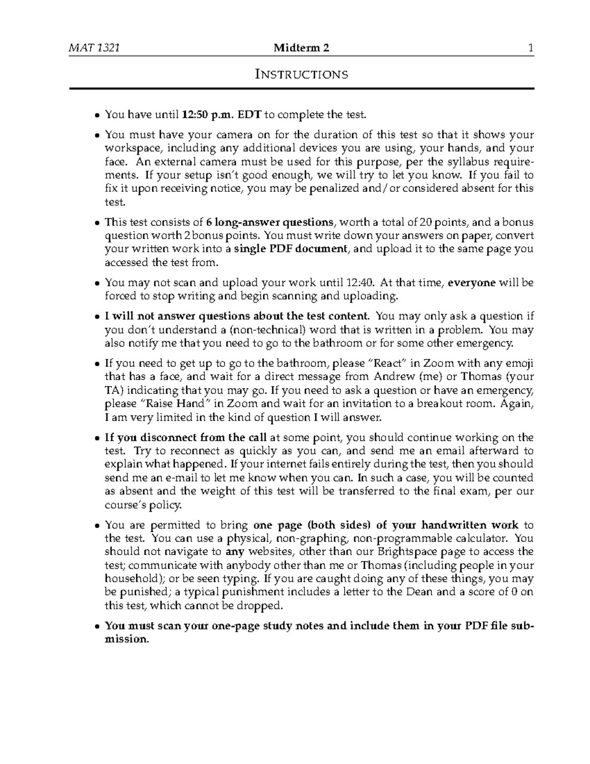 MAT 1321 Midterm 2 Exam Instructions & Questions Guide - Studocu
