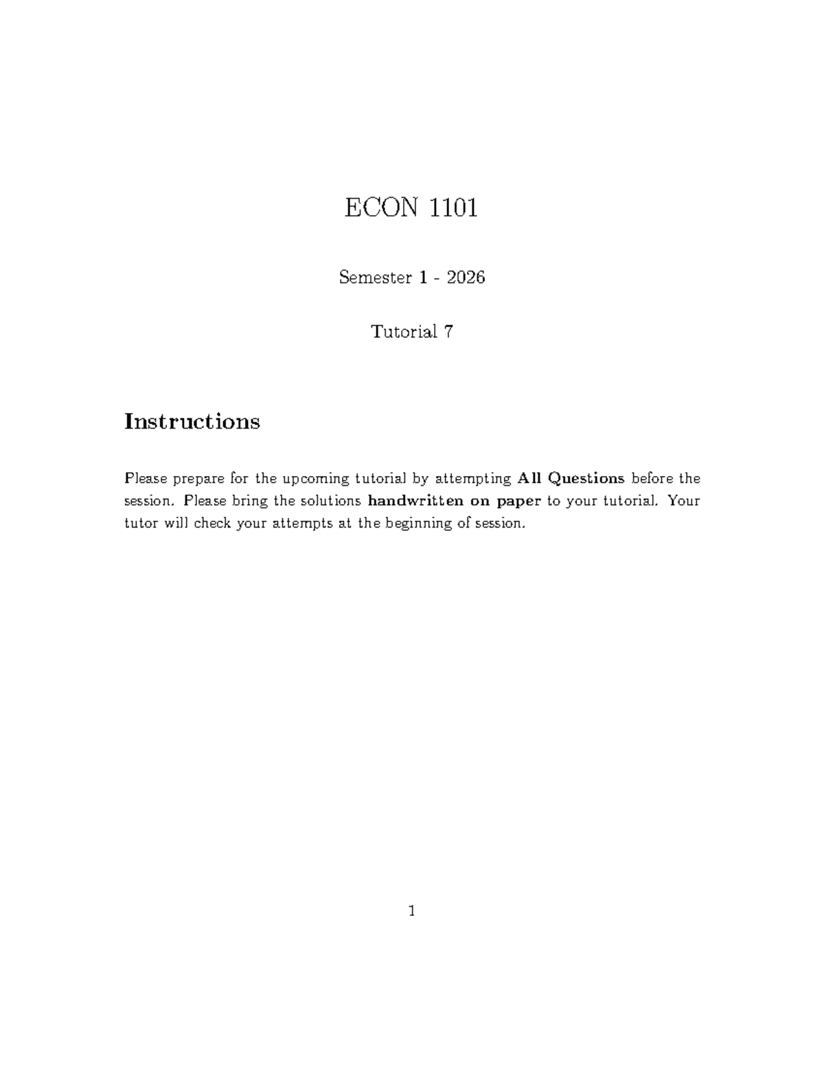 ECON 1101 Semester 1 2026 Tutorial 7 Questions & Instructions - Studocu