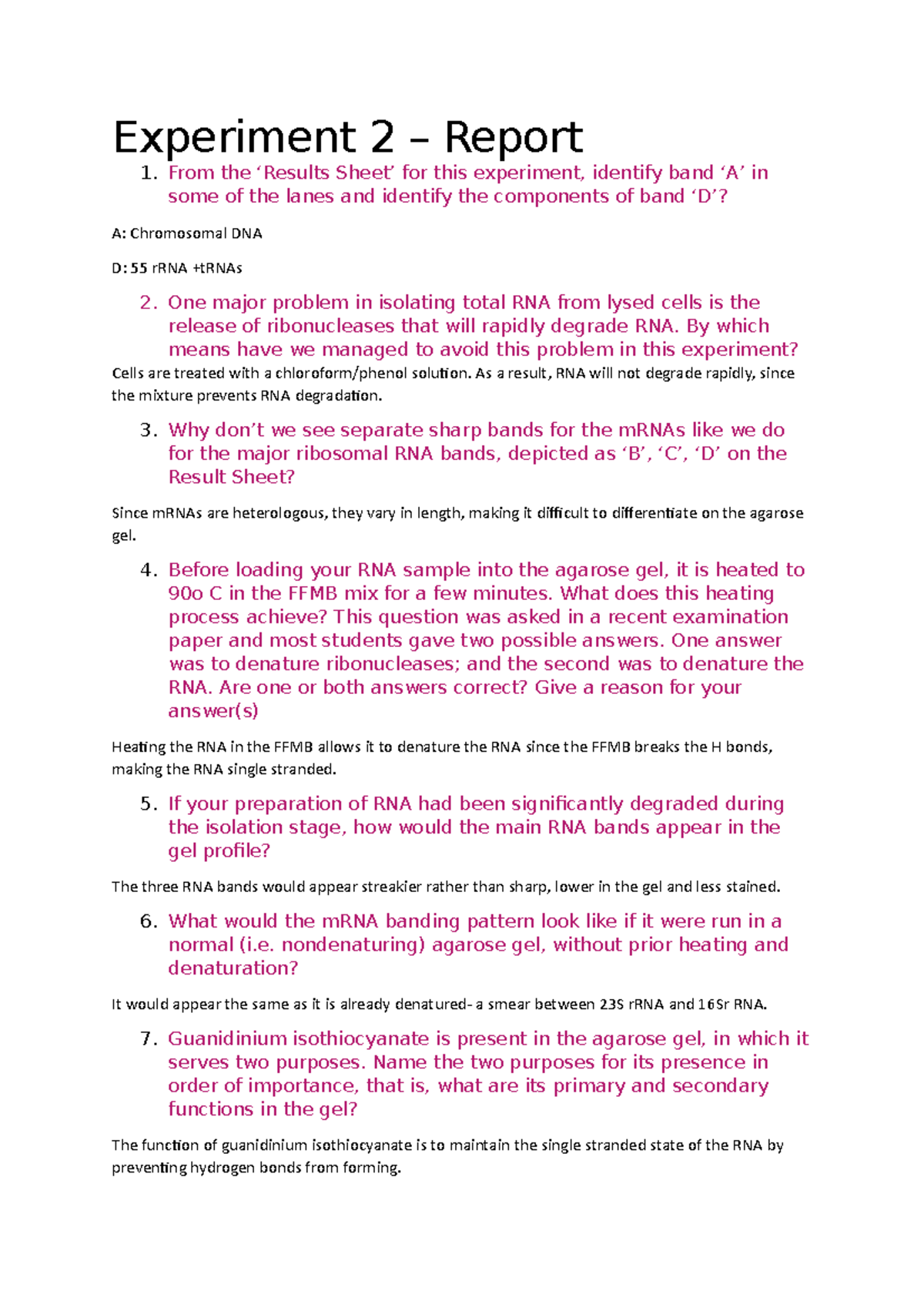 Experiment 2 report - Experiment 2 – Report 1. From the ‘Results Sheet ...