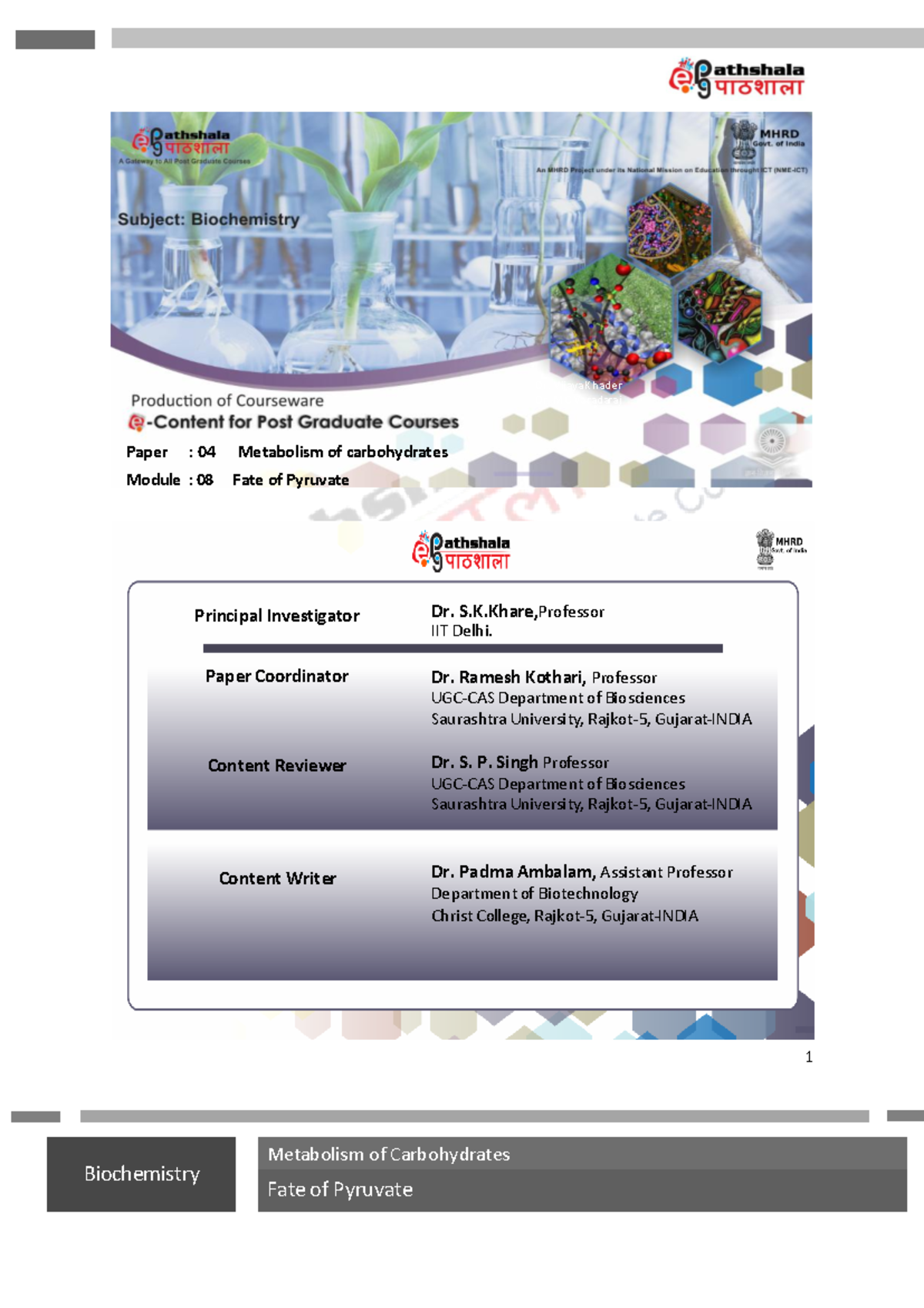 Fate of Pyruvate in Carbohydrate Metabolism - Biochemistry Lecture ...