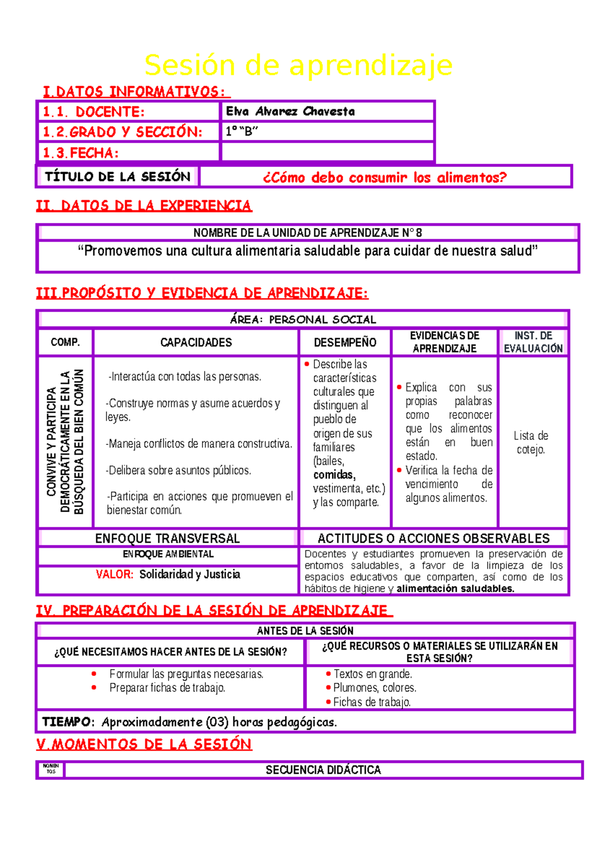 Sesión de Aprendizaje: Cómo Consumir Alimentos Saludables - Document Preview