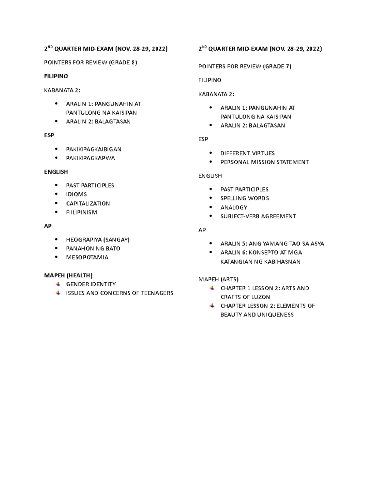 Grade 8 & 7 2ND Quarter Mid-Exam Review Pointers (Nov 2022) - Studocu