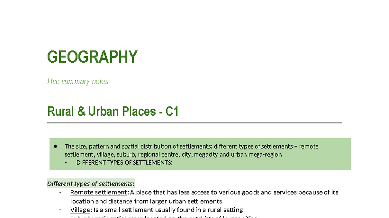 HSC Geography - C1 Summary Notes on Rural and Urban Places - Studocu