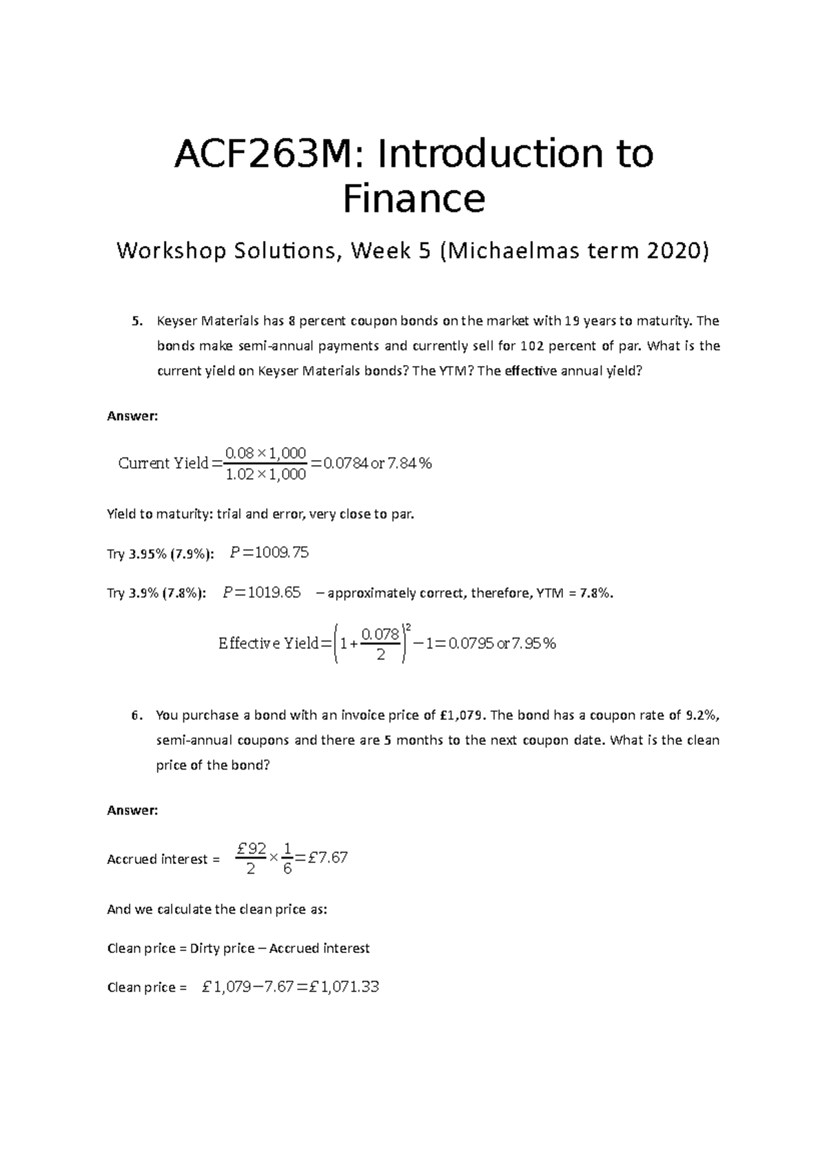 AC.F263M Workshop solutions, week 5 - Part 2 - ACF263M: Introduction to  Finance Workshop Solutions, - Studocu