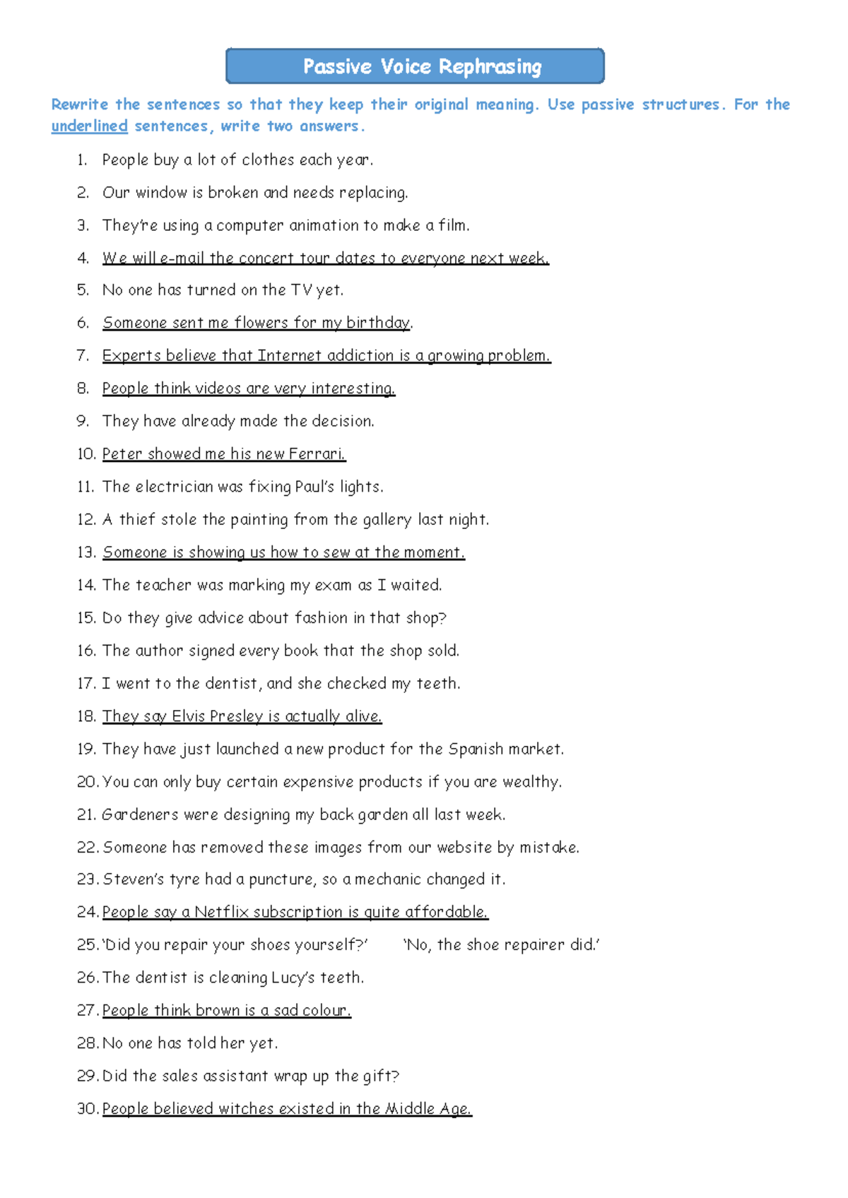 2º BACH Passive Voice Rephrasing Exercises & Solutions 2024 - Studocu