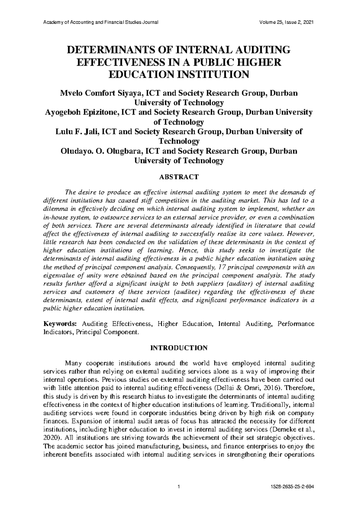 Determinants of internal auditing effectiveness in a public higher ...