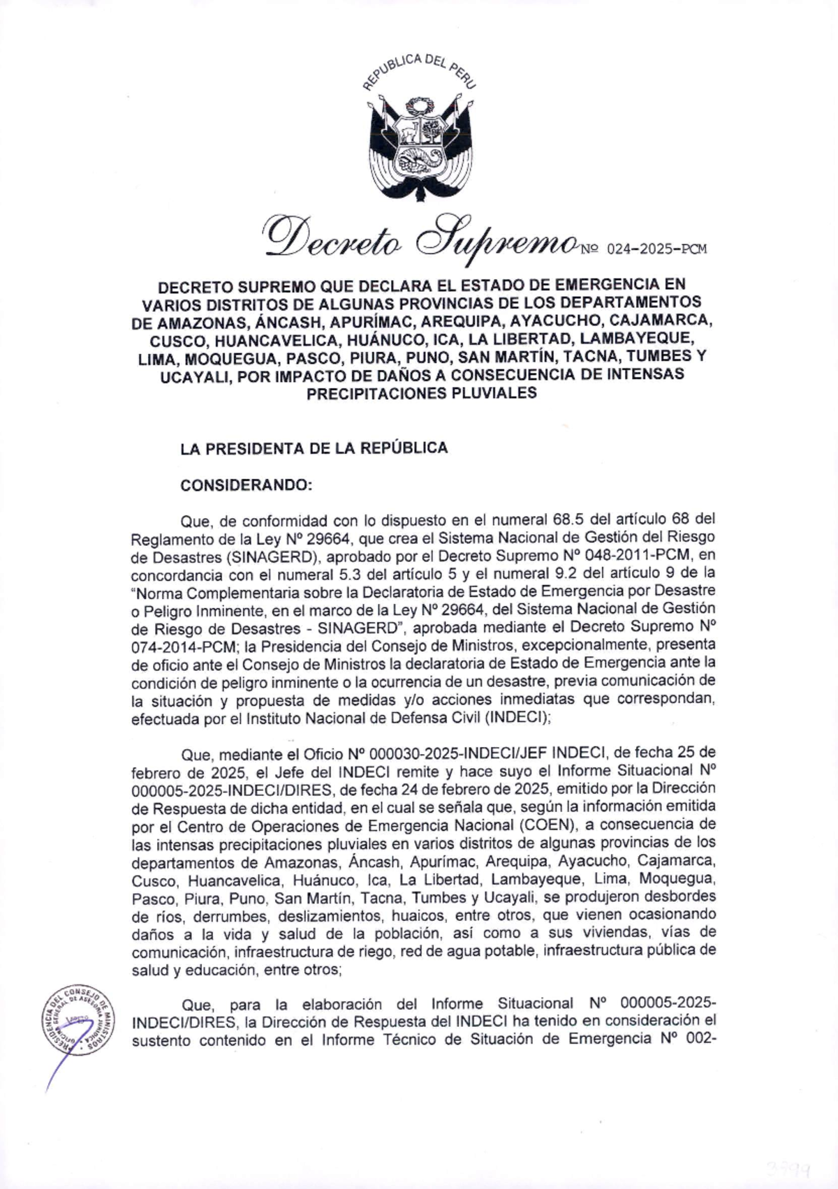 Decreto Supremo 24: Estado de Emergencia en Distritos de Perú - Studocu