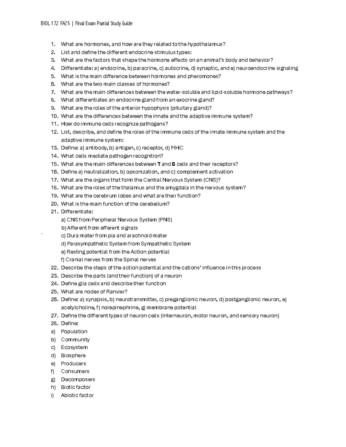 BIOL 172 FA25 Final Exam Study Guide: Hormones, Immune System & CNS ...