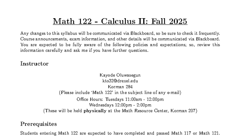 Math 122: Calculus II Syllabus - Fall 2025 - Studocu